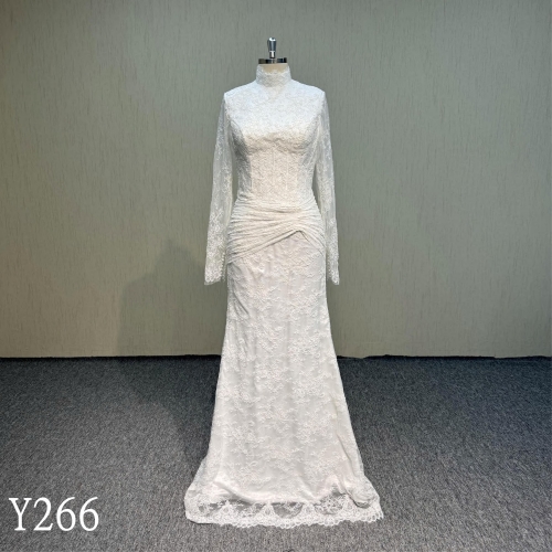 Y266 High Neck With Pleats Long Sleeve Lace Wedding Dresses