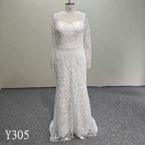 Y305 Elegant Lace Wedding Dress with Beads with Detachable train made in China