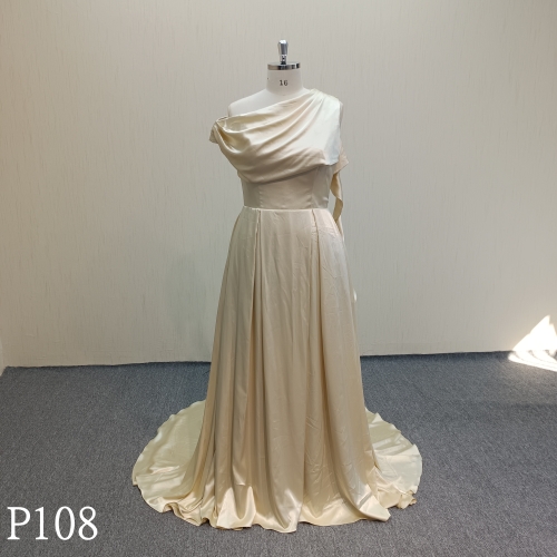 P108 Crepe A-Line golden satin dress with ruffled hem
