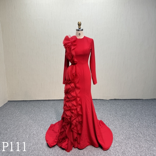 P111 Red organza bride of mother dress with ruffled