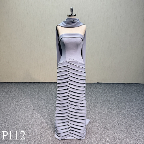 P112 Bule crepe satin A-line bride of mother dress with detachable scarf