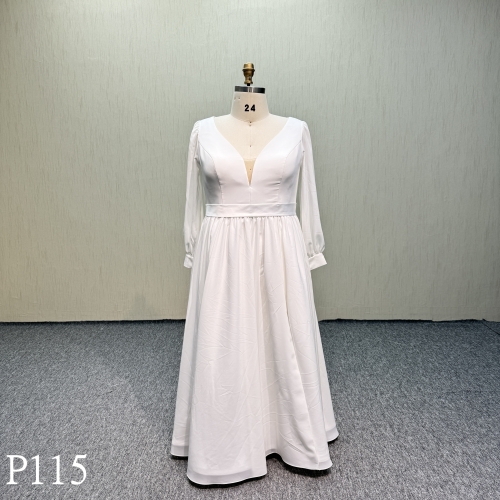 P115 Ivory long sleeves  satin A-line bride of mother dress