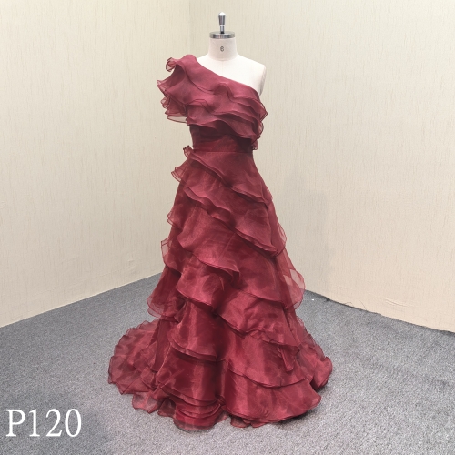 P120 Red organza sleevesless  ball gown evening dress