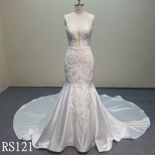 RS125 Elegant Mermaid  Bride of Mother Dress  with Golden Beads Lace and Feather