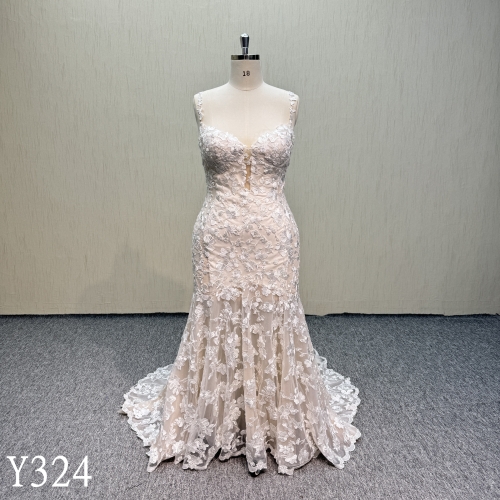 Y324  Gorgeous nudetulle wedding dress mermaid with 3d flower and leaves