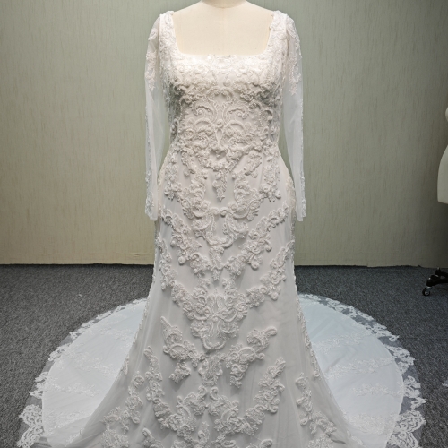 Y330  Plus Size Gorgeous applique wedding dress mermaid with 3d flower and long leaves