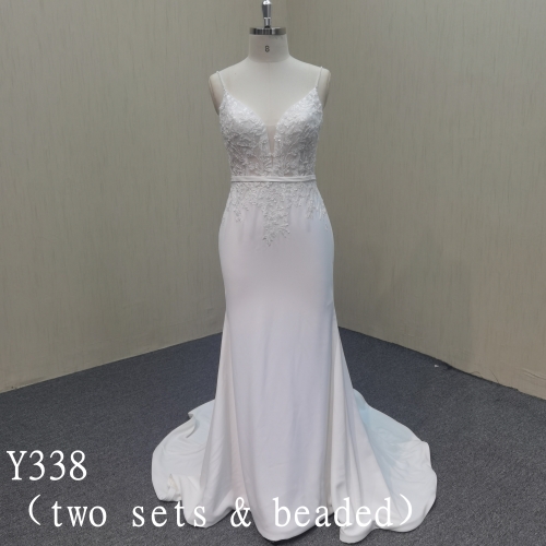 Y338  Spaghetti straps  applique wedding dress mermaid with ivory tulle beautiful detachable train