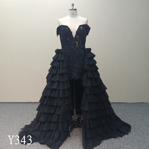 Y343  Black Beading Lace Gorgeous Evening dress  with Detachable Train made in China