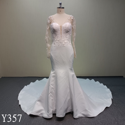 Y357 Longsleeves Nude Tulle Mermaid dress with Big Applique Train
