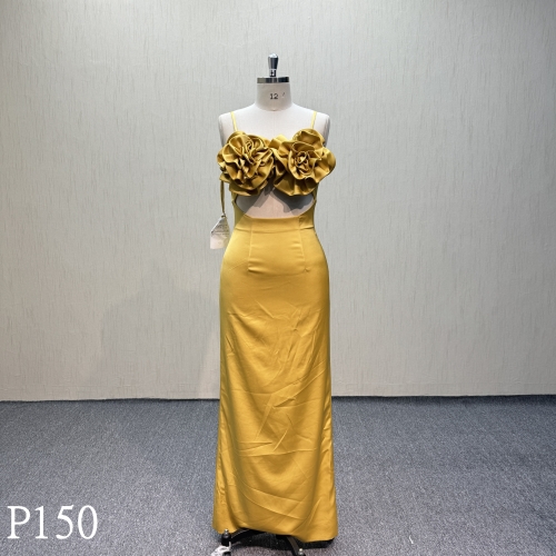 P150 Light yellow evening bloom flower straps dress  for Bride Made in China