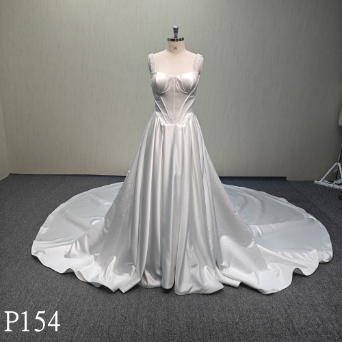 P154 Beads straps crepe satin wedding ballgown for bride
