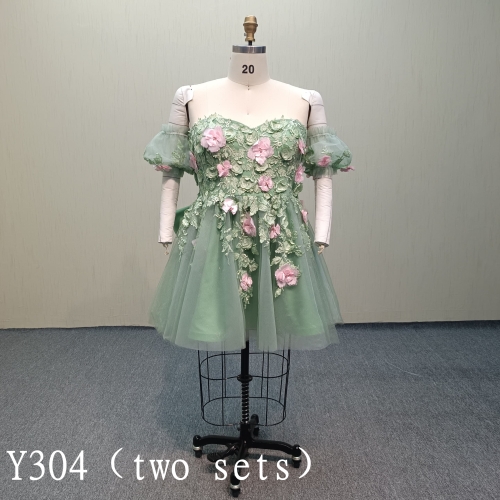 Y304 2 Set Green Wedding Plus Ball Gown with Pink Flora Lace and Detachable Bow