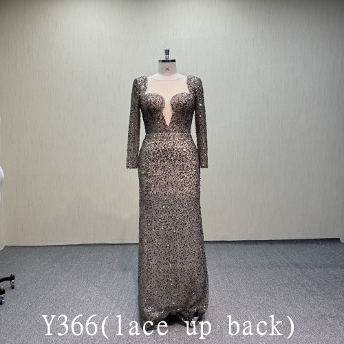 Y366  Black Beads Evening Dress for Bride's Mother with Lace Up Back Made in China