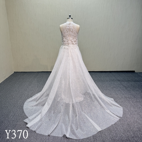 Y370  HighNeck sleeveless wedding dress with thick glitter for bride