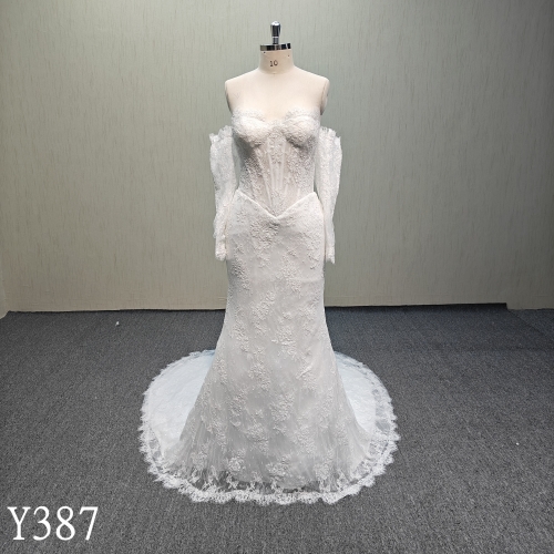 Y387  Elegant mermaid  French lace applique wedding dress with detachable long sleeves for bride made in China