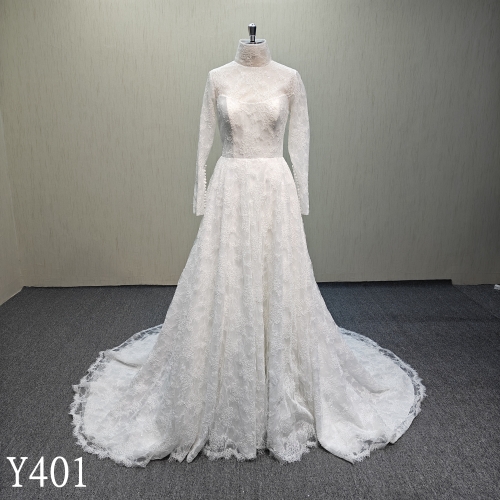 Y401 Ivory A-Line lace up back corset wedding dress with french lace for bride