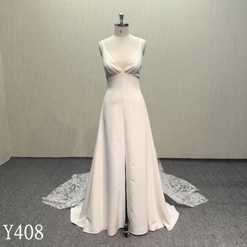 Y408 Italy Satin Ivory Sleeveless A-Line wedding dress with French lace made in China