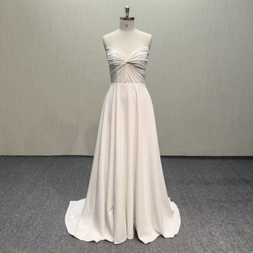 P158 Crepe A-Line wedding dress with  pleats on bodice