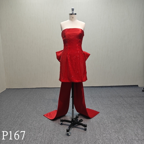 P167 Red Evening Dress Sexy Sleeveless Mini Dress Detachable Bow