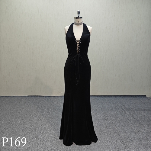 P169 Black evening dress with neck hanging