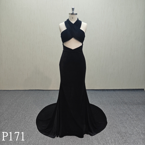 P171 Black sleeveless evening dress with neck hanging
