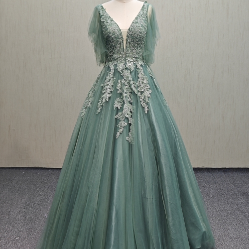 RS142 Deep V-neck elegant green A-line dress
