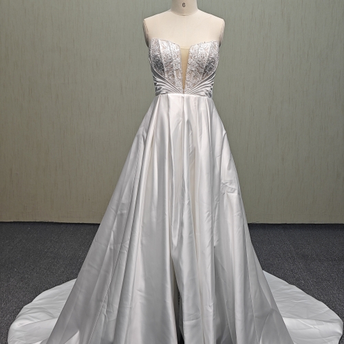 RS130 Sleeveless Satin Wedding Dress with Deep V Neck