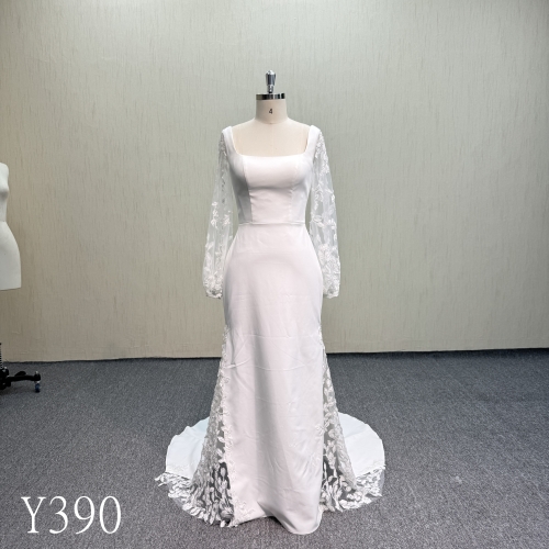 Y390 Square Neck Long Sleeve Open Back Mermaid Wedding Dress