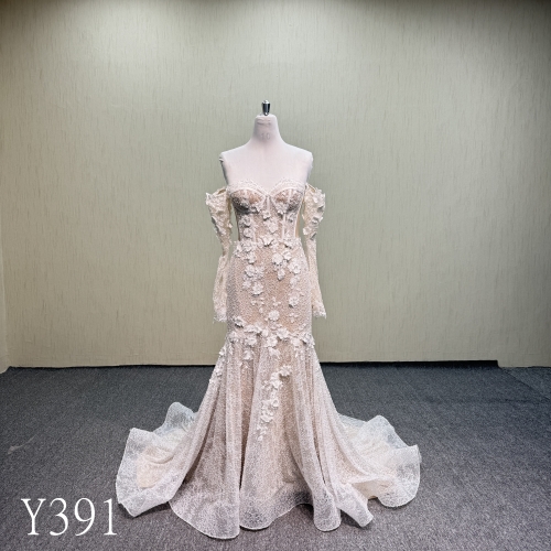 Y391 Long Sleeve Off-The-Shoulder Mermaid Wedding Dress with See-Through Back