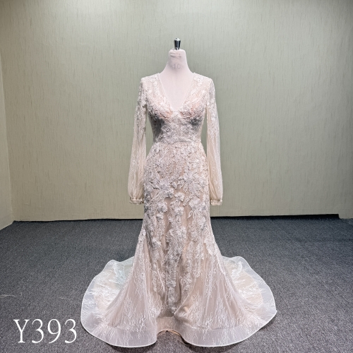 Y393 Long Sleeve V-Neck Beaded Wedding Dress