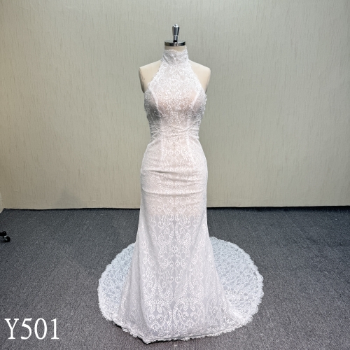 Y501 Halter Neck Wedding Dress with Wearable Train
