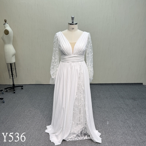 Y536 V-neck Wedding Dress with long lace sleeves