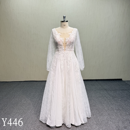 Y446 Lace wedding dress with long sleeves--cutting skirt lace specially