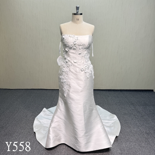 Y558 Strapless Mikado Satin 2-Piece Wedding Dress with 3D Floral Appliqués