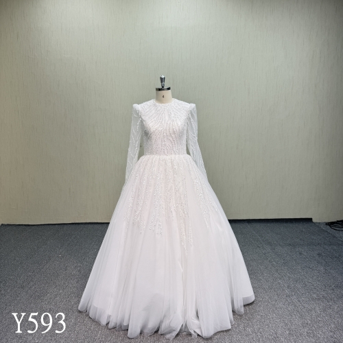 Y593 Modest High Neck Long Sleeve Beaded Lace A-Line Wedding Gown