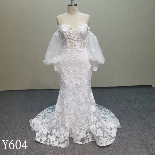 Y604 3D flower lace appliqued for whole dress and a plain detachable train