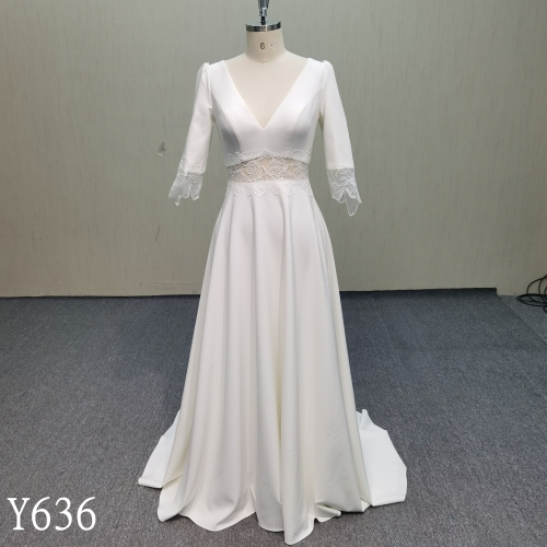 Y636 Elegant Crepe A-Line Wedding Dress with Illusion Lace Waist and Back