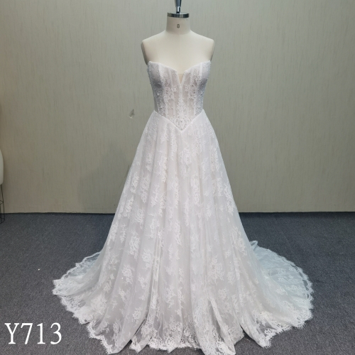 Y713 A-Line French Lace Strapless Bridal Dress with Hand Beading