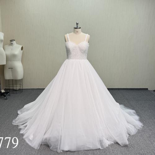 Y779 Sleeveless Heavy Beaded Bodice A-Line Wedding Dress with Tulle Skirt