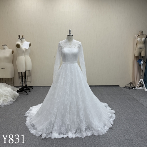 Elegant Long-Sleeve High-Neck Lace Wedding Dress Y831 with Corset Back