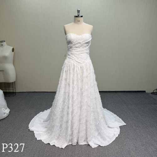 P327 Textured Jacquard Strapless A-Line Dress with Ruched Bodice and Drop Waist