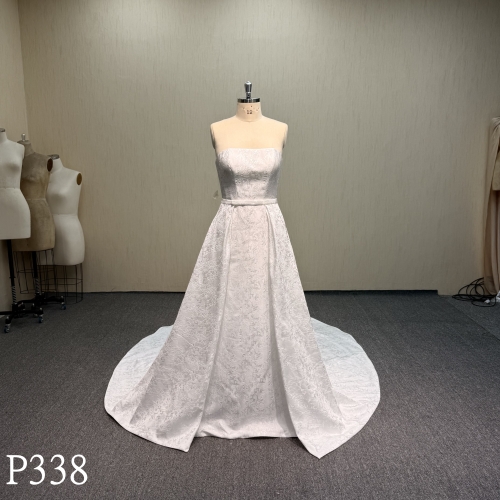 P338 Minimalist Jacquard Strapless A-Line Wedding Dress with Sash Belt