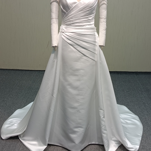 P348 Elegant Satin Two-Piece Off-Shoulder Long Sleeve Wedding Dress with Sweep Train