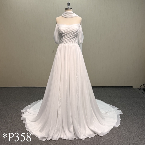 P358 Off-Shoulder Ruched Wedding Dress with Long Chiffon Shawl Wrap and Chapel Train