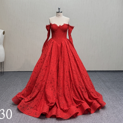 Y730 Hand-Beaded Red Lace Off-Shoulder Long Sleeve A-Line Wedding and Formal Dress