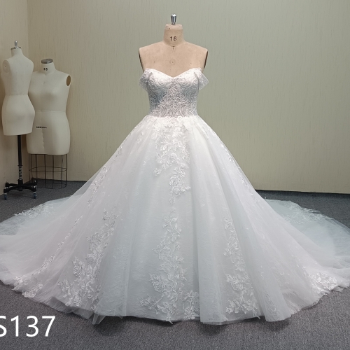 RS137 Sweetheart Off-Shoulder Lace Ballgown Wedding Dress with Cathedral Train and Corset Lace-Up Back