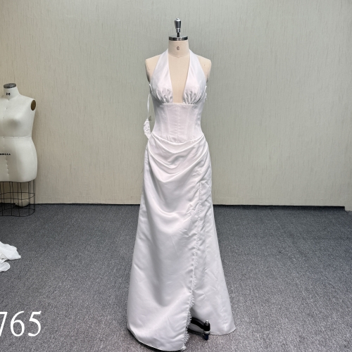Y765 Elegant Satin Halter Deep V-Neck Backless Wedding Dress with Corset Bodice and Side Slit