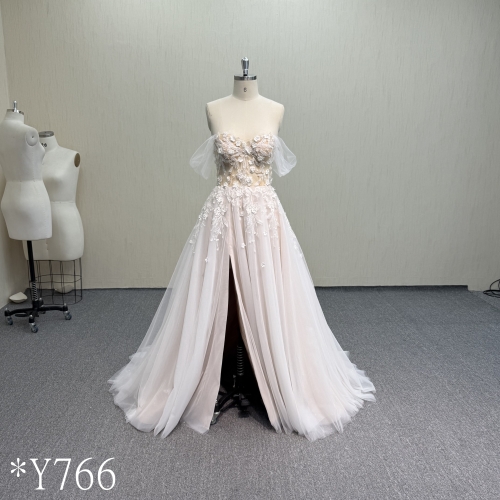 Y766  Off-Shoulder Tulle A-Line Wedding Dress with 3D Floral Appliqués and Daring Front Slit