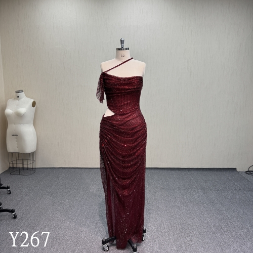 Y267 Sexy One-Shoulder Rhinestone Mesh Cut-Out Evening Dress