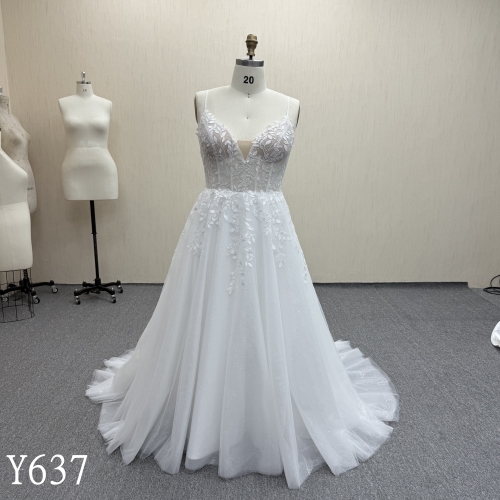 Y637-Plus Size Glitter Tulle Lace-Up Back Wedding Dress with Sweep Train